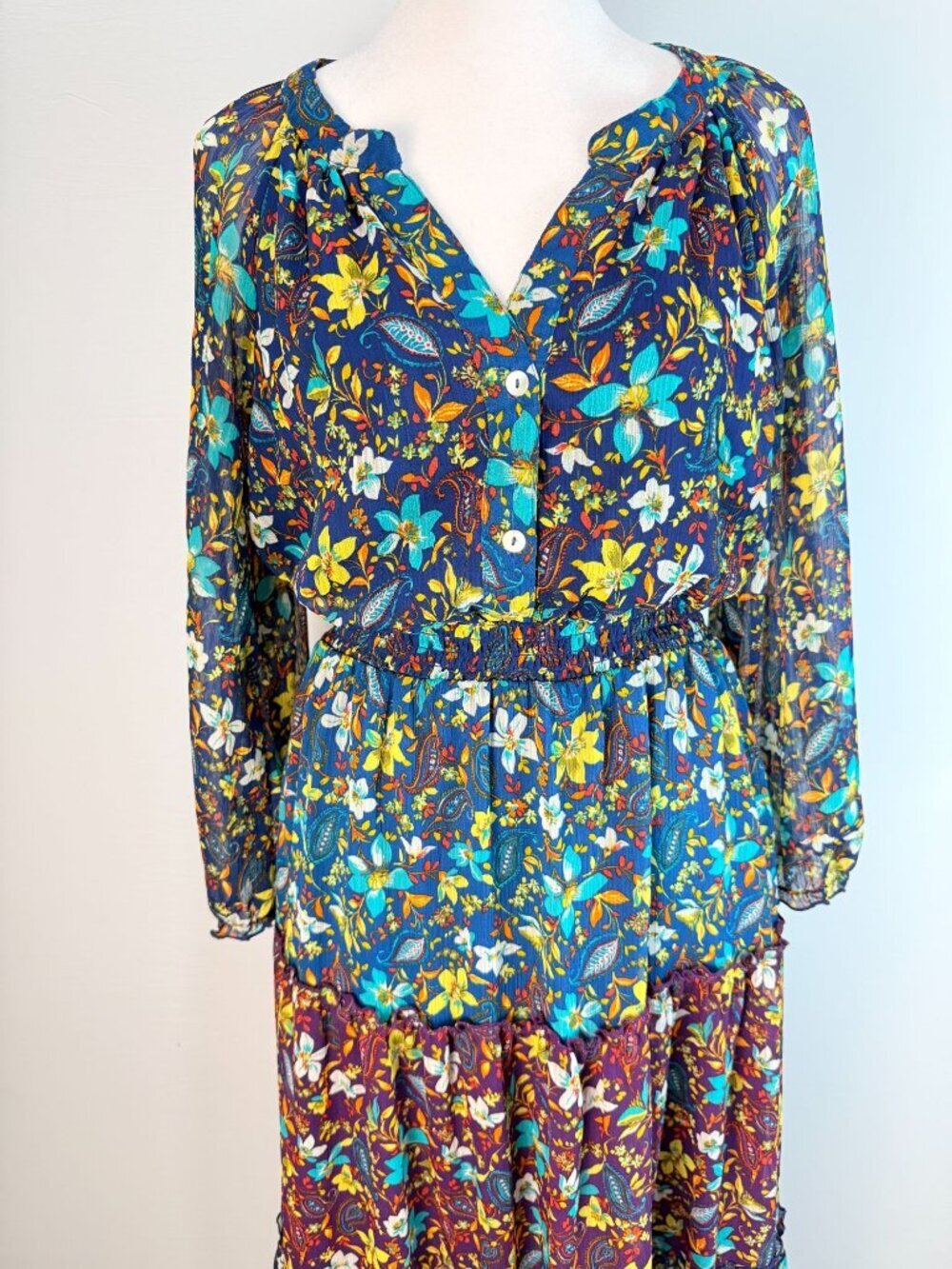 Fig And Flower Womens M Blue Floral Paisley Maxi Dress Boho Long Sleeve - Picture 10 of 16